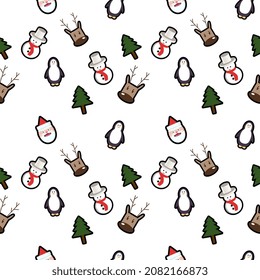 Deer head, Santa head, penguin, snowman, Christmas tree seamless pattern background. Perfect for winter holiday fabric, giftwrap, scrapbook, greeting cards design projects.