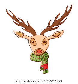 Deer head in a scarf. Traditional festive element for christmas decoration, design, greeting cards and Invitations. Isolated on white background. Vintage style. Vector color hand drawn illustration.