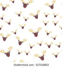 Deer head seamless pattern. Brown oval face with blue eyes and red mouth. Yellow long ramified horns. Cartoon style. New Year toy in fat style. Wallpaper design endless texture. Vector illustration
