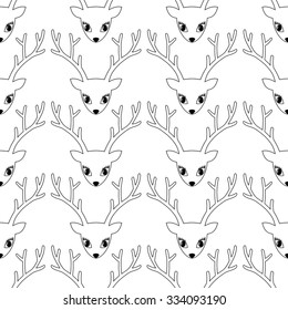 Deer head seamless pattern. Cute deer background for winter holidays. Merry Xmas illustration on white background. Animal head texture. Coloring page.