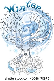 Deer head: Season change Vector illustration design for tattoo, bag, pillow cover, T-shirt, book design, poster and wall decoration.