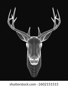A deer head is shown in black and white. The image is a stylized rendering of a deer head, with the antlers and horns clearly visible. Scene is one of elegance and sophistication, with the black