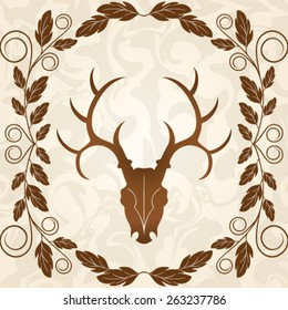 Deer head silhouette and acorn leaves on brown background - vector illustration.