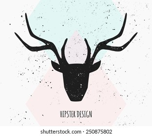 Deer head silhouette in black on an abstract geometric background in pastel colors.