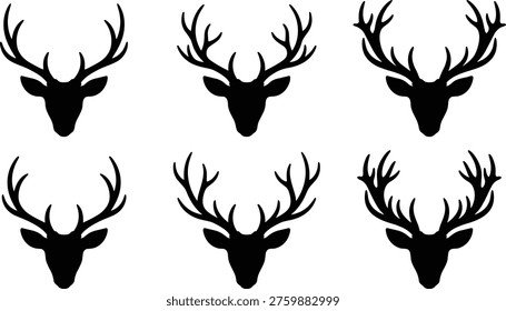 Deer head silhouette collection vector, stag antlers icons set, black wildlife symbols, forest animal design, hunting emblem illustration bundle