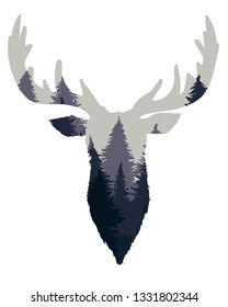 Deer head silhouette with coniferous forest landscape inside on white background isolated vector illustration