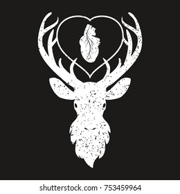 Deer head silhouette with heart isolated on black background. Retro vintage vector illustration. Trendy design for print, textile, cover, poster.