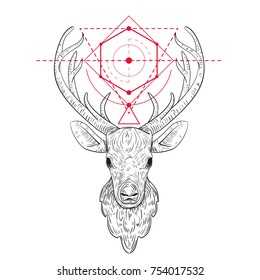 Deer head silhouette isolated on black background. Retro vintage vector illustration. Trendy design for print, textile, cover, poster.