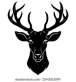 Deer head silhouette, large antlers on white background