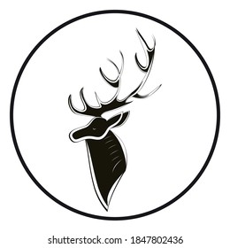 Deer head silhouette and large horn  Black   white animal isolated  Cervus side view  Hand  drawn minimalism  Elk vector graphics  Wapiti image for wedding  anniversary  birthday  invitation  logo 
