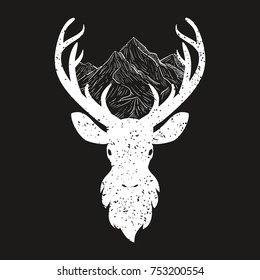 Deer head silhouette with mountains isolated on black background. Retro vintage vector illustration. Trendy design for print, textile, cover, poster.