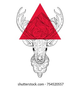 Deer head silhouette with mountains isolated on black background. Retro vintage vector illustration. Trendy design for print, textile, cover, poster.