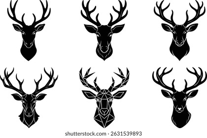 Deer Head Silhouette Pack in Artistic Poses, suitable for badges, prints, or branding