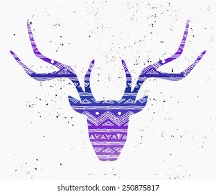 Deer head silhouette in purple and blue shades with tribal print.