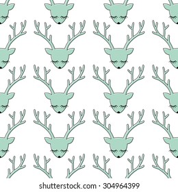Deer head silhouette seamless pattern. Animal head texture. Cute sleeping deer with bow background for winter holidays. Xmas deer Illustration.