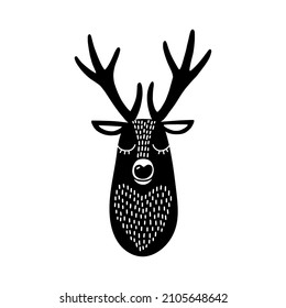 Deer head silhouette. Stylized drawing reindeer in simple scandi style. Nursery scandinavian art. Black and white vector illustration