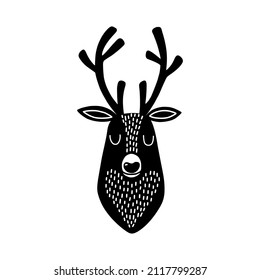 Deer head silhouette. Stylized drawing reindeer in simple scandi style. Nursery scandinavian art. Black and white vector illustration