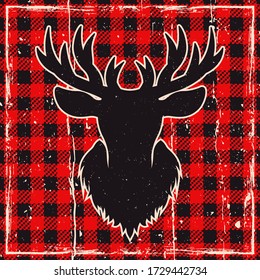 Deer head silhouette vector colored illustration on checkered plaid background with removable grunge textures