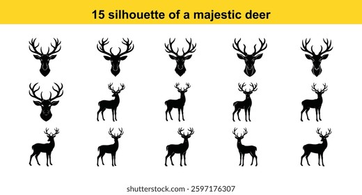 Deer head and deer silhouette vector illustration with wildlife and nature elements