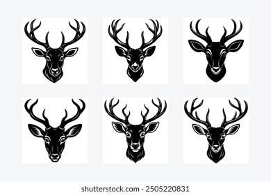 Ilustraciones vectoriales de silueta de cabeza de ciervo, perfectas para logotipos, marcas y proyectos de diseño. Estos Vectores de cabeza de ciervo detallados y versátiles capturan la esencia de la vida silvestre.
