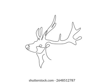 Ilustração de contorno único de cabeça de veado. Desenho em linha contínua da cabeça de rena.
