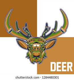 Deer head stylized in zentangle style. Tribal tattoo design. Vector illustration