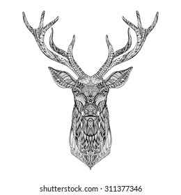 Deer Head Stylized In Zentangle Style. Tribal Tattoo Design. Vector Illustration.