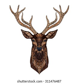 Deer Head Stylized In Zentangle Style. Tribal Tattoo Design. Vector Illustration.