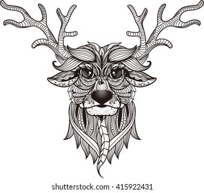 Deer head stylized in zentangle style. Tribal tattoo design. Vector illustration.
