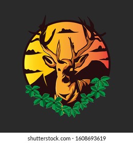 Deer head in sunset background - logo - illustration