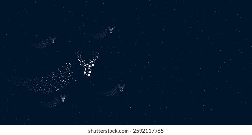 A deer head symbol filled with dots flies through the stars leaving a trail behind. Four small symbols around. Empty space for text on the right. Vector illustration on dark blue background with stars