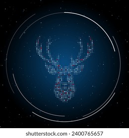 The deer head symbol filled with white dots. Pointillism style. Some dots is red. Vector illustration on blue background with stars