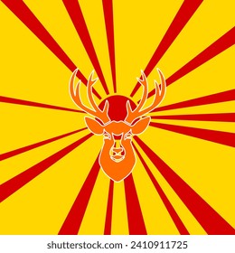 Deer head symbol on a background of red flash explosion radial lines. The large orange symbol is located in the center of the sun, symbolizing the sunrise. Vector illustration on yellow background