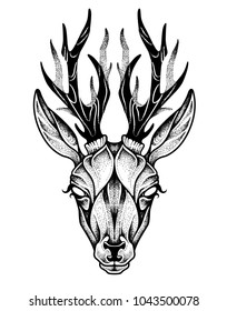 Deer head tattoo. Psychedelic vector illustration.