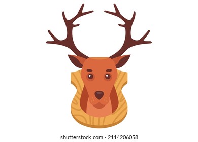 Deer Head Taxidermy With Antlers. Hang The Head Of The Beast On The Wall. Hunter Trophy. Flat Vector Illustration.