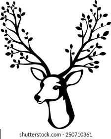 Deer head with tree branch horn