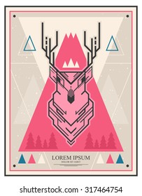 Deer head, trees , mountains and snow fall . for celebration invitations