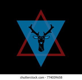Deer head in triangle red and blue