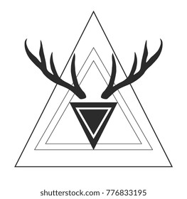 Deer head and triangles. Wild animal silhouette. Vector artwork. Black and white, monochrome. Vintage, retro style. Simple hipster fashion logo, label, branding.