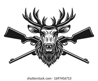 Ilustración vectorial de la cabeza de ciervo y dos rifles cruzados en estilo monocromo aislados en fondo blanco