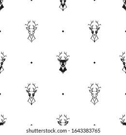 Deer Head Vector Abstract Geometric Vintage Black and White Background. Reindeer Seamless Pattern for Men's Clothing, Happy Father's Day, Dad Greeting Card