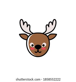 Deer head vector icon in trendy cartoon style for Christmas and New Year. Cute colorful outlined Santa's deer isolated on white background. Winter holidays decoration.