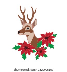 Deer head, vector illustration. Christmas deer in a New Year`s poinsettia wreath.