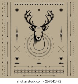 Deer head. Vector illustration with decor elements in Navajo style.