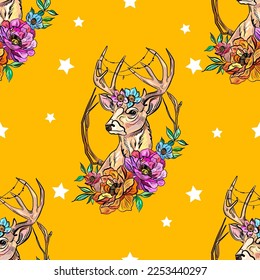 ilustración vectorial de la cabeza de ciervo con flores. Huella salvaje. Diseño de camisetas de venado. Ilustración vectorial de moda con ciervo. Ilustración para tela, clavado. - Vector.