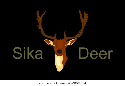 Deer head vector illustration isolated on black background. Sika deer head symbol, proud Noble Deer male in forest or zoo. Powerful buck with huge neck and antlers standing. Red deer. 