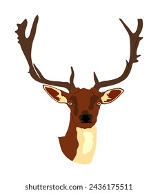 Deer head vector illustration isolated on white background. Sika deer head symbol, proud Noble Deer male in forest or zoo. Powerful buck with huge neck and antlers standing. Red deer. 