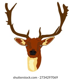 Deer head vector illustration isolated on white background. Sika deer head symbol, proud Noble Deer male in forest or zoo. Powerful buck with huge neck and antlers standing. Red deer.