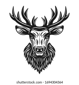 Deer head vector monochrome illustration, graphic object or design element isolated on white background