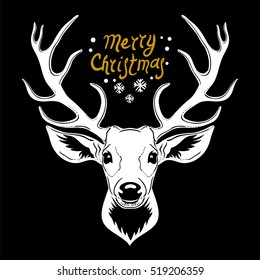 Deer head. White vector silhouette of deer's head with antlers isolated on black background. Christmas Design. 2020